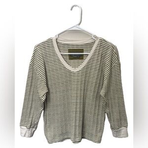 Anthropologie Olive & Cream Striped V-Neck Long Sleeve Top